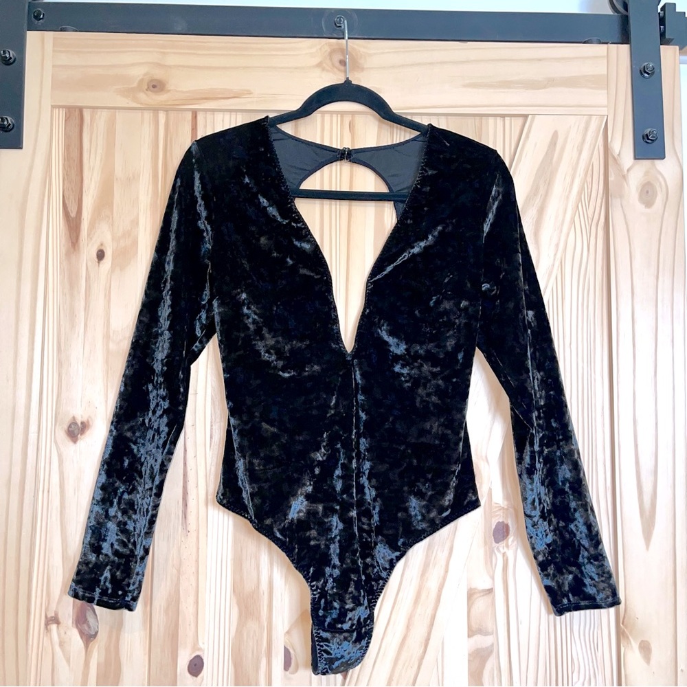 Black Velvety Deep V Long Sleeve Teddy